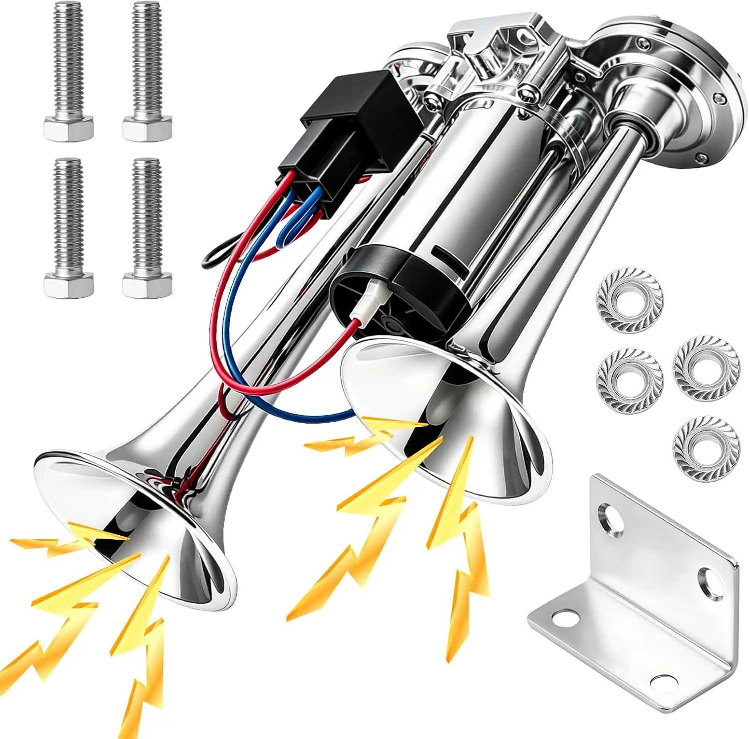 12V Power Vehicle Horns Kit, Silver Dual Trumpet Super Loud Electric Air Horn with Compressor, Universal Kit for Trucks/SUVs, Motorcycles, Boats