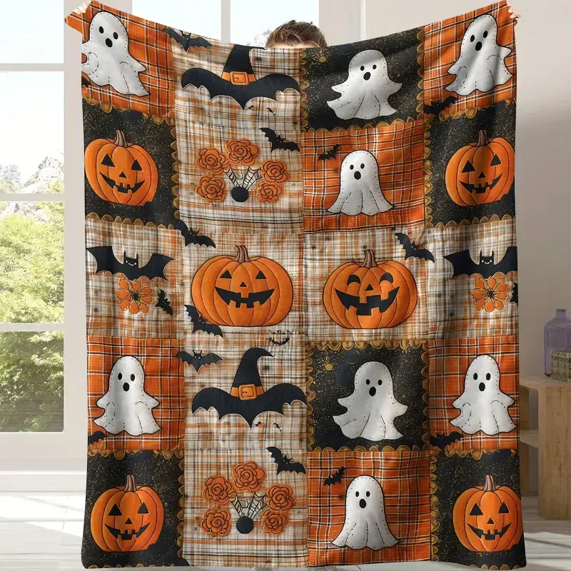 Vintage Patchwork Plaid Halloween Throw Blanket - Soft Flannel Fleece Blanket with Jack O'Lantern, Ghost, Witch Hat, Bat, Orange Grid - Perfect Farmhouse Fall Home Decor Holiday Gift