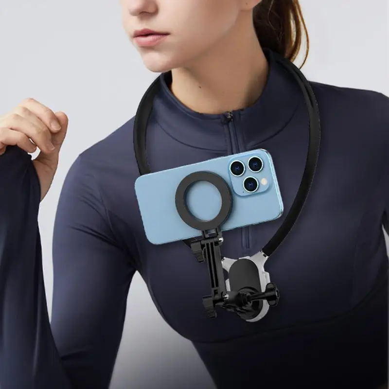 Magnetic Neck Hanging Selfie Mount with Phone Clip for Summer, Hands Free Video Vlog Necklace Phone Stand for GoPro & Insta360 DJI Action Camera, Vlog
