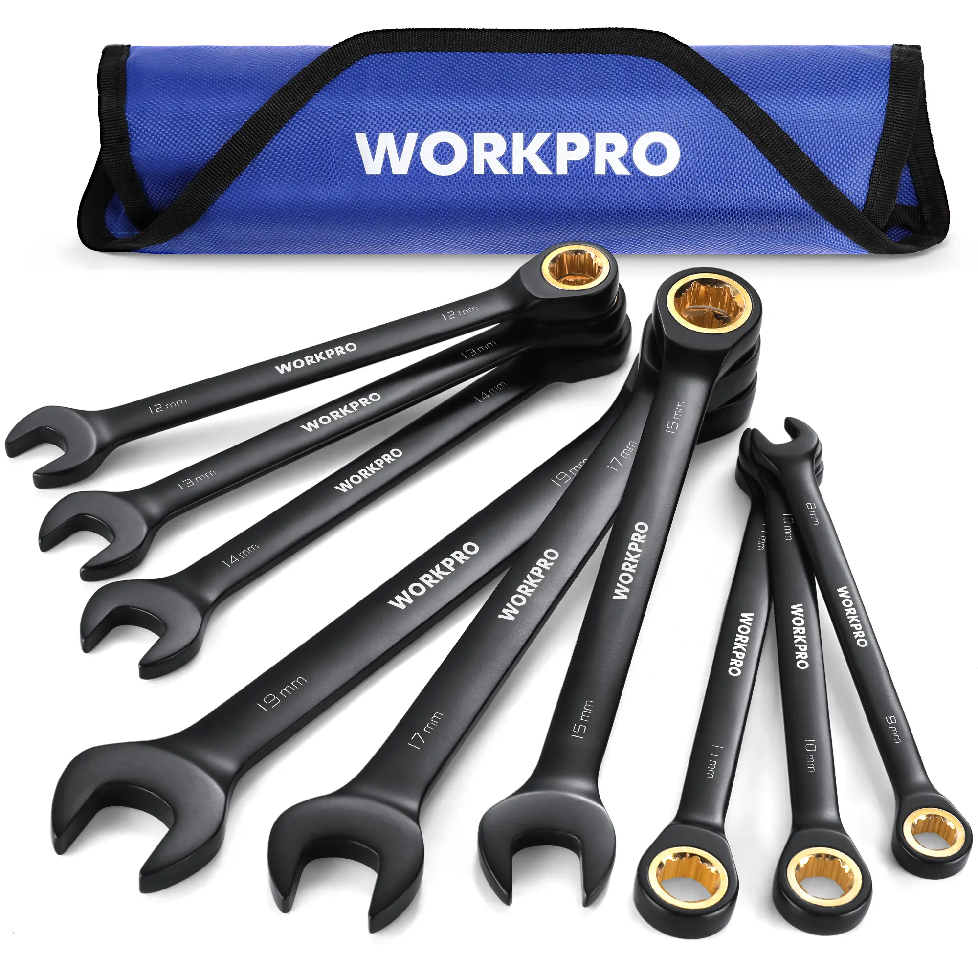 #fathersdaygift WORKPRO Anti-Slip Ratcheting Combination Wrench Set, 72-Tooth, Cr-V Constructed, Black Ratchet Wrenches Set with Roll Up Pouch