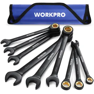 #SpringGlowUp WORKPRO 9-Count Anti-Slip Ratcheting Combination Wrench Set, Metric 8-19 mm, 72-Tooth, Cr-V Constructed, Black Ratchet Wrenches Set with Roll Up Pouch