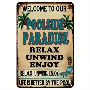 Vintage Aluminum Plaque for Tiki Bar Wall Decor Retro Poolside Paradise Sign with Relax Unwind Enjoy Design Home Man Cave Garage