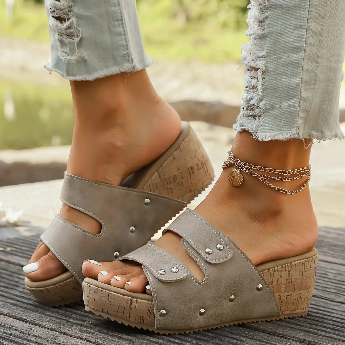 Women's PU Leather Slip-On Flatform Wedge Sandals - Neutral, Lightweight Cushion Insole, Comfortable for Summer Running Errands, Platform Design Footwear, Flatform Sandals, Leather & Faux Leather