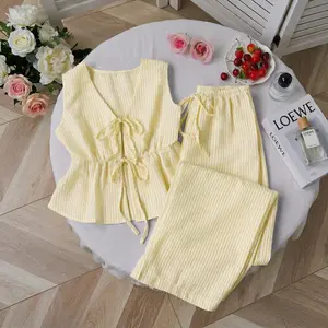 Women's 2 Piece Summer Outfits Striped Tie Front V-Neck Vest and High Waisted Wide Leg Pants Set Casual Loose Sleeveless Pajama Lounge Set