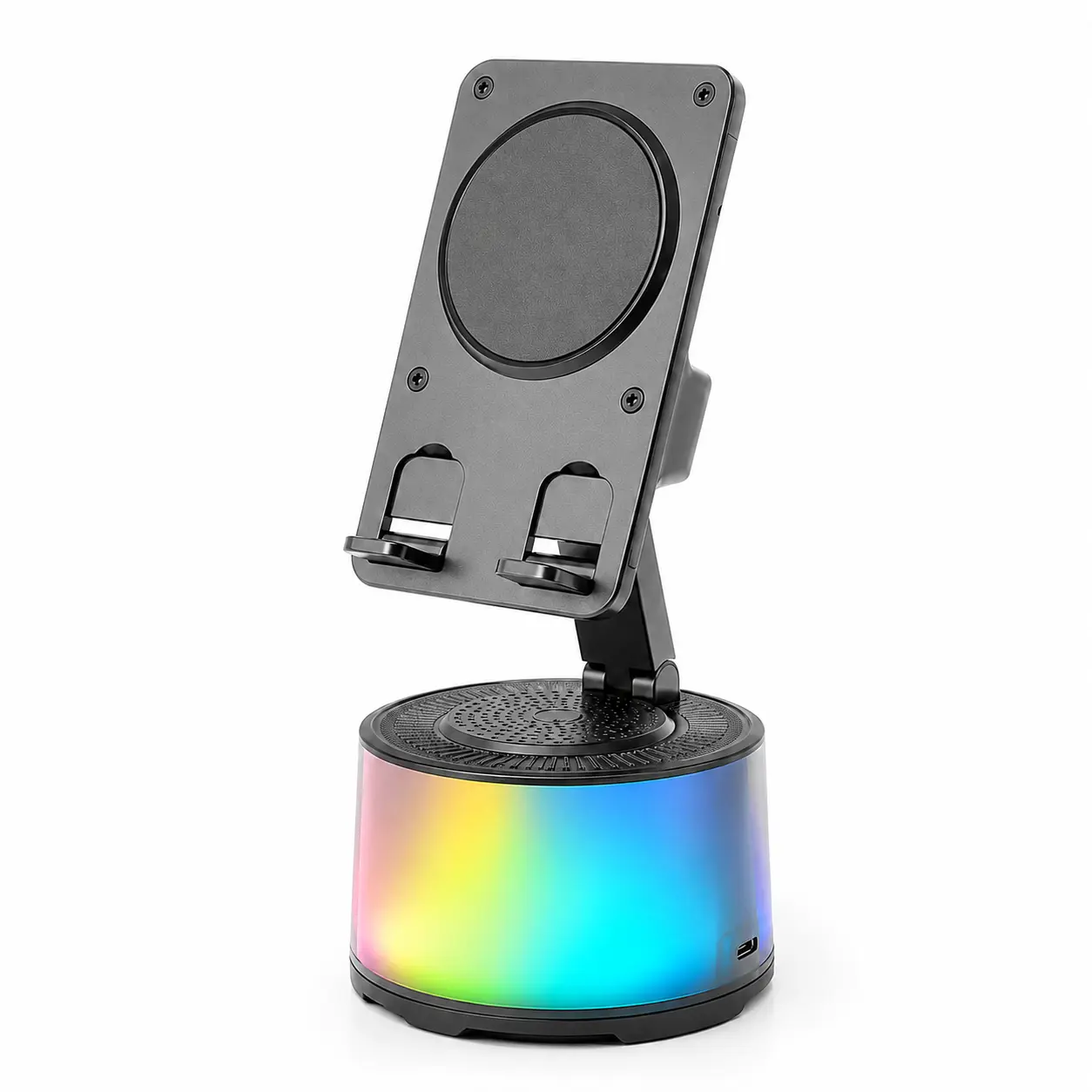 5-in-1 Wireless Induction Bluetooth Stereo Speaker withUSB, Radio, Adjustable 300° Foldable Mobile Phone/TabletHolder, 3000mAh Rechargeable Emergency Power, ColorfulAmbient Light (Black) - Festive & Home Gift for Adults,Portable