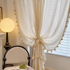 Retro Cream Style Striped Linen Curtain, Embroidered Fringe Design, Bedroom & Living Room Window Drapes, Vintage Home Decor, Interior Decoration Accessories, 1 Piece
