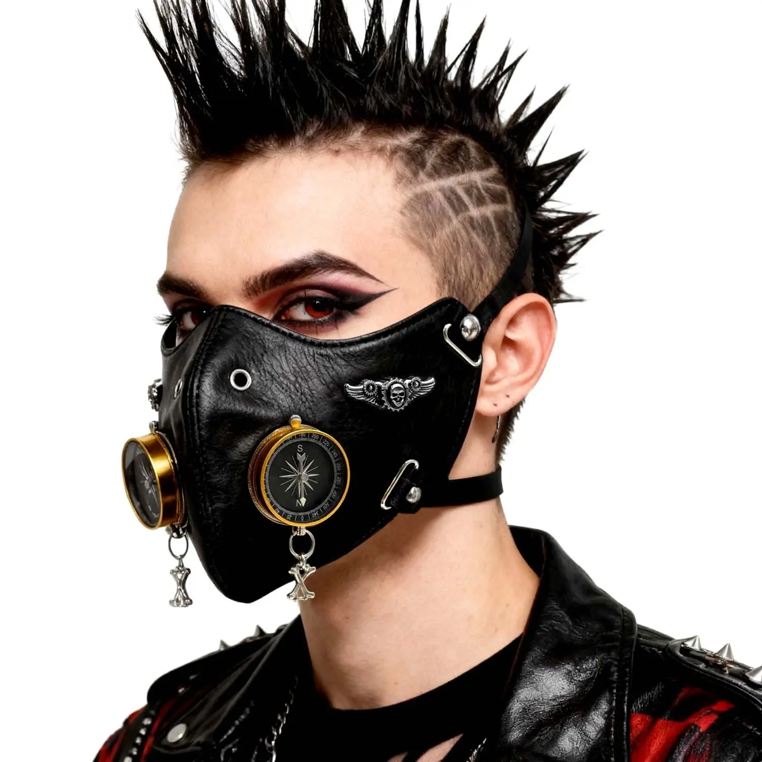 Gothic Feather Skull Half-Face Mask for Men, Cool Compass Design Halloween Prop with Metallic Strap, Industrial-Style Lightweight Face Covering Accessory, Accessories, Unisex, Skull Motif