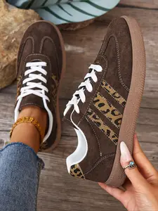 Women's Coffee Brown Suede Leopard Print Lace-Up Low-Top Retro Sneakers Breathable Casual Shoes Daily Commute Footwear Comfortable Walking Shoes Vintage Style Fashion Trainers Chunky Sole Platform Sneakers