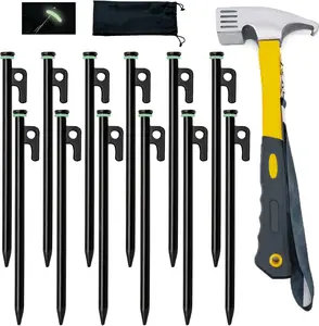 12 Pack Heavy Duty Tent Stakes 10in – Forged Steel Camping Tent Pegs with Hammer & Carry Pouch for Hard & Rocky Ground