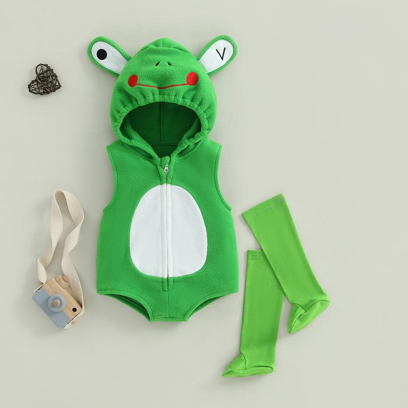 Newborn Baby Boy Girl Halloween Costume Frog Costume Sleeveless Hood Zipper Romper and Solid Socks Baby Halloween Outfit
