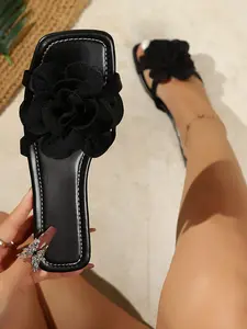 Summer 2026 New Square Toe Flower Sandals, Large Size Beach Slippers, Boho Style, Rubber Sole, Medium Width, All Seasons