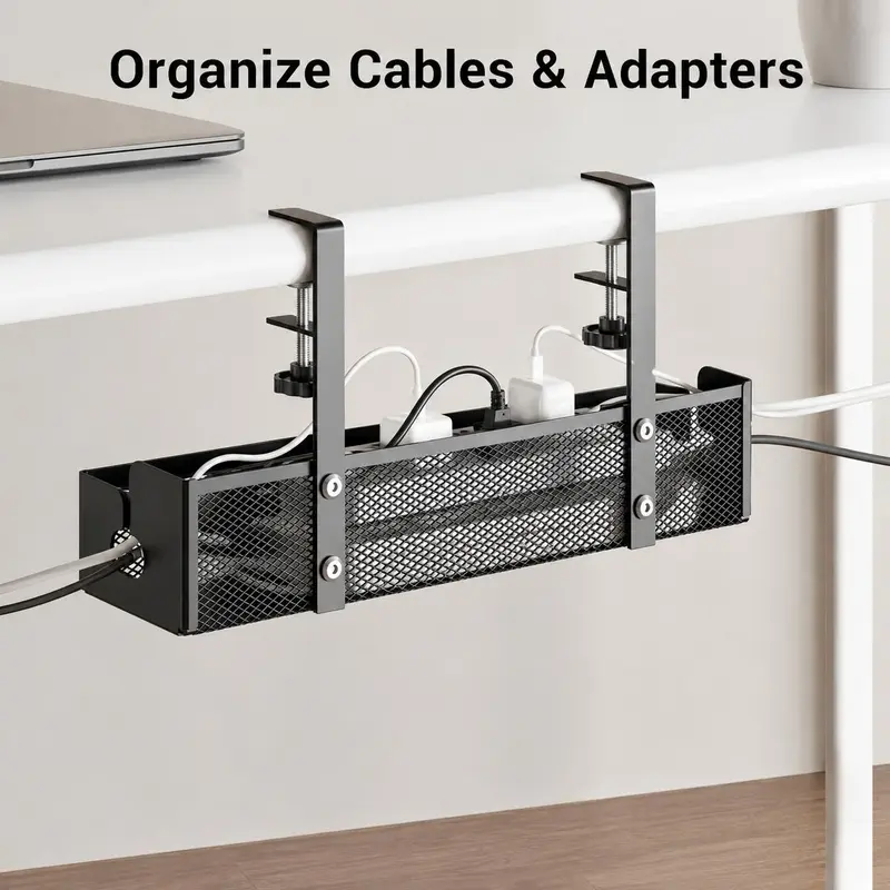 No-drill clamp-style metal under-desk cable organizer, suitable for home and office, combines power strip cables into one for storage, 2-in-1 desktop cable management organizer, compatible with desk surfaces less than 2 inches thick