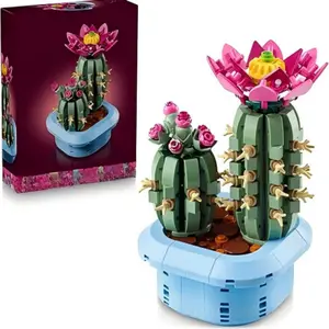 Flowering Cactus Building Blocks Craft Kit, Artificial Plant Model for Home Bedroom Bookshelf Display Decoration, Birthday Gift Idea