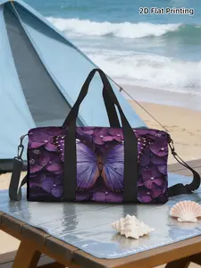（2D Flat Printing）1pc Purple Butterfly on Flowers Travel bag Outdoor Luggage Storage Bag, Top Handle, Travel Luggage Bag, Durable Fitness Bag, Suitable for Yoga Lovers, Trendy Outdoor Luggage