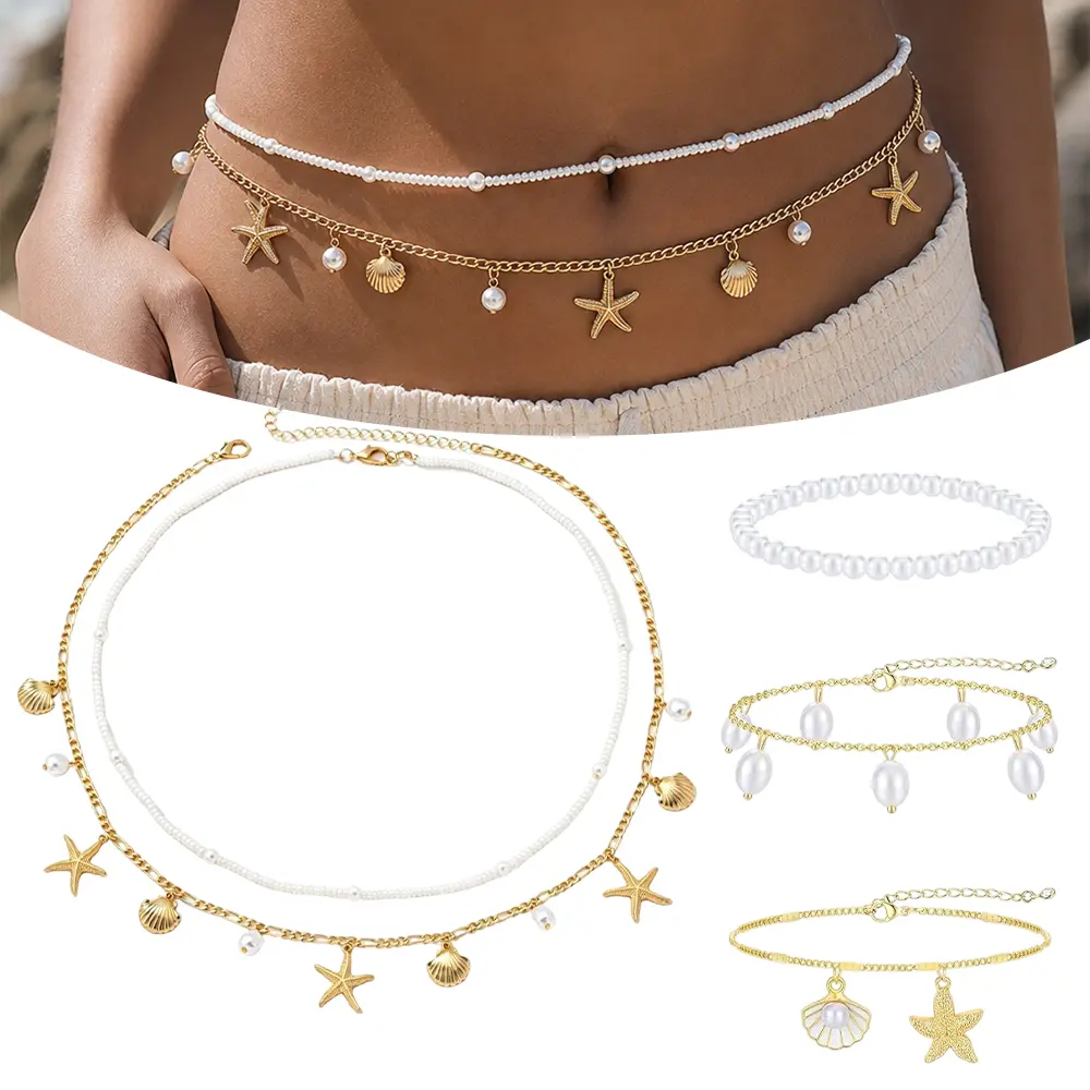 5 pieces of ocean themed women's alloy jewelry set, including 2 waist chains and 3 foot chains, including starfish, shell pendants and pearls, adjustable bohemian style body jewelry, suitable for daily wear, beach vacations, pool parties