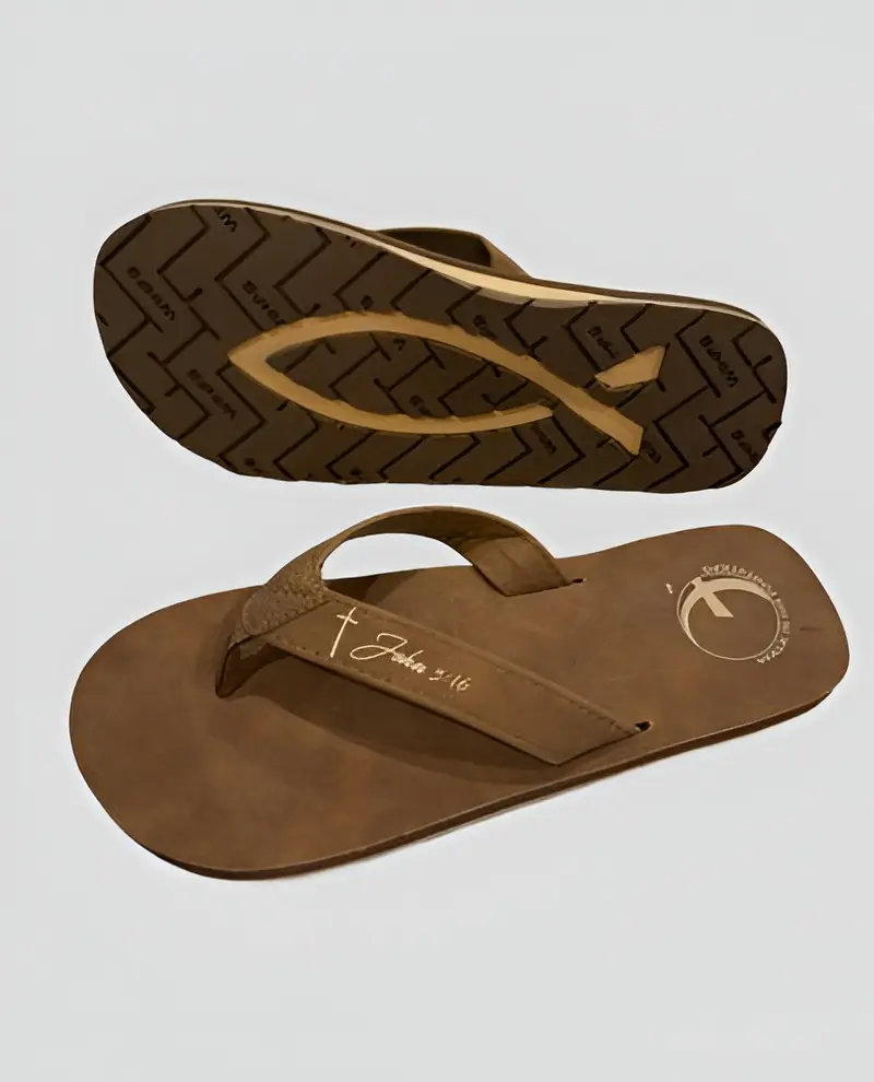 Mens "Fishers of Men" Sandal | Vegan Leather Slides with Non-Slip Rubber Sole & Molded EVA Arch Support - Casual Slip-On Footwear - Perfect Christian Gift