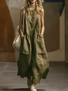 New Summer Women's Loose Fit Sleeveless Dress, Simple Design with Pockets, Long Dress for Casual Wear, Fashionable and Comfortable, Elegance