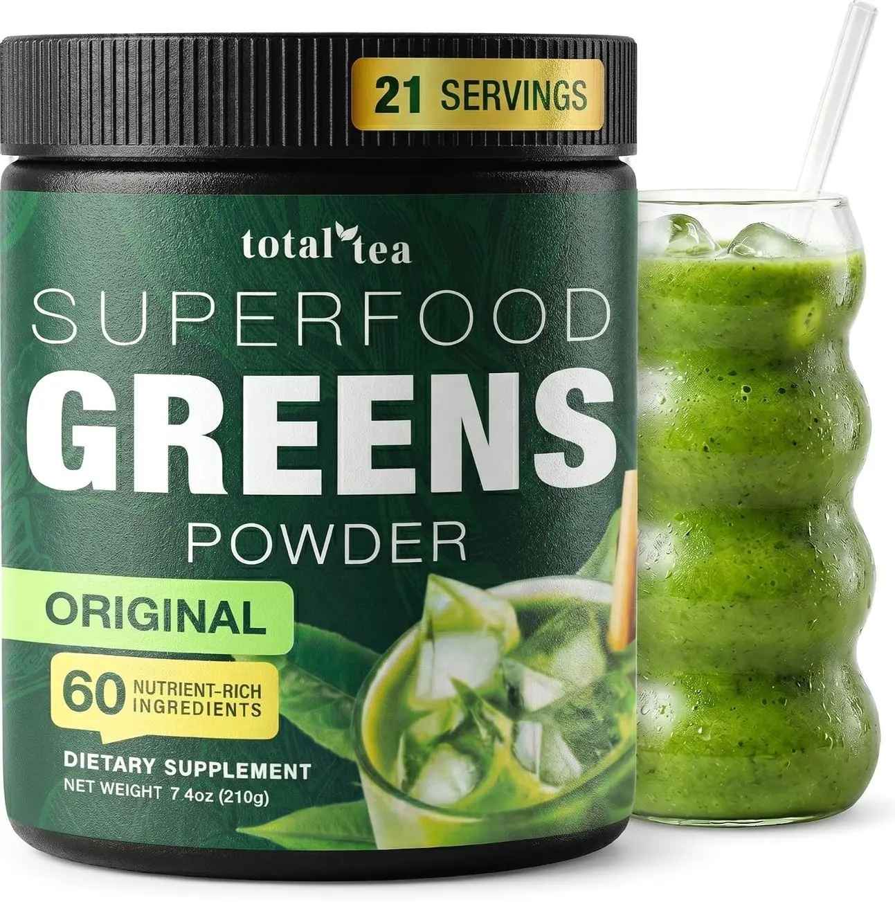 Total Tea Super Greens Powder Original Spirulina Chlorella Vegan Superfood | 21 Servings Fruits Vegetables Vitamins Antioxidant Energy Green Drink Powder for Smoothies