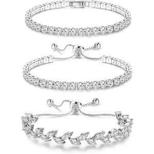 Tennis Bracelets For Women - Silver Plated Bracelet Stack Cubic Zirconia CZ Diamond Adjustable Stackable Bracelets Set For Prom Wedding Jewelry Gift 3Pcs