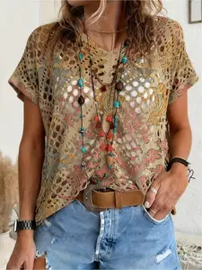 Spring/Summer, V-neck diamond hollow loose batwing short sleeve cover-up, contrast Baroque print women's knitted top, vacation style, casual and elegant for commute, women's vest cover-up, bikini cover-up, Bohemian vacation beach cover-up.