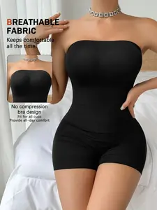 1 Count Strapless Shortie Bodysuit Tummy Control Shapewear Ultra Stretch Fabric Comfortable Fit with Moderate Support for Women, Underwear, Black Basic Style Bodysuit, Butt Lifting And Body Shaper, Suitable For Daily Or Party,Date
