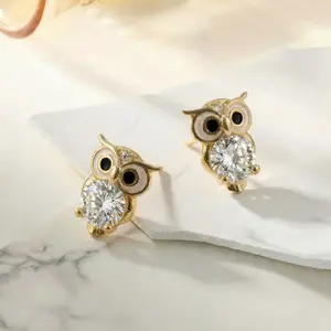 14K Gold-Plated Owl Stud Earrings with Cubic Zirconia Stone, Tiny Lightweight Nickel-Free Everyday Earrings, Cute Jewelry Gift For Woman, Gold Plated Earring,