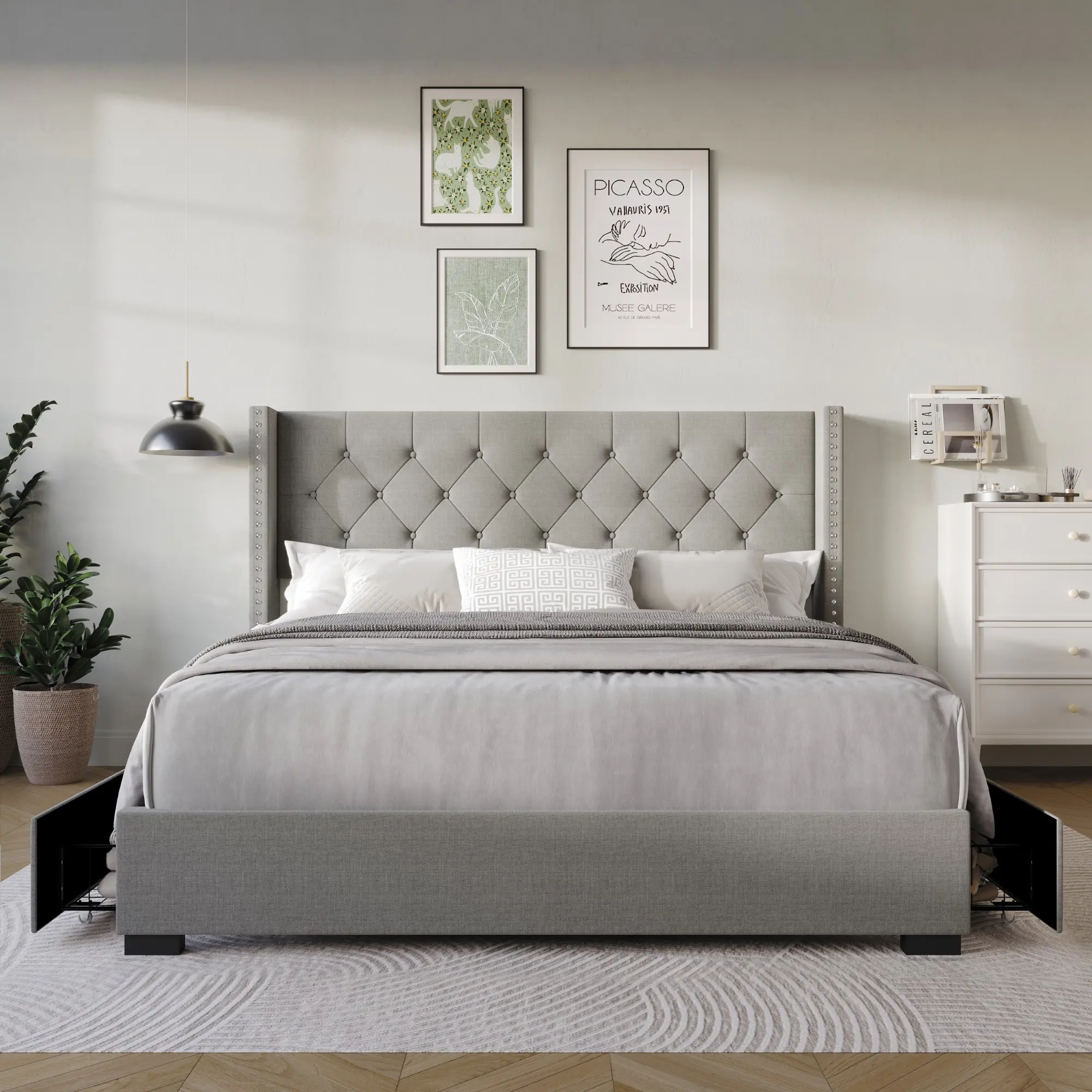 Favorer Greeley Luxurious Platform Bed - Full/Queen Size Wingback with Nailhead Trimming, Tufted Upholstered Storage Bed Frame, Indoor Furniture with Compartments