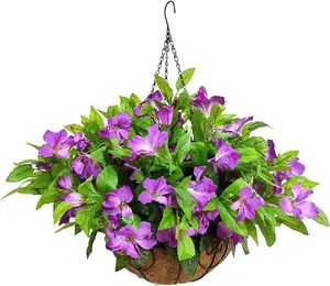 Artificial Faux Plants Flowers Hanging Basket for Outdoors Spring Decoration, Fake Silk Purple Azalea in Pot Planter UV Resistant Look Real for Porch Patio Outside Garden Yard Home