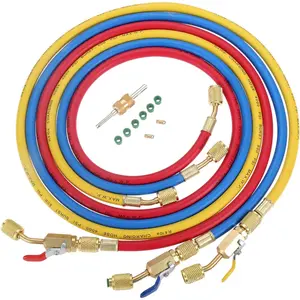 AC Refrigerant  Hose with Ball Valve, 3-Color 60" R410A HVAC Hoses Kit with 1/4'' SAE Thread, with Valve Core Remover Kit for R410A R134A R12 R22 R502 R404 Air Condition Maintenance