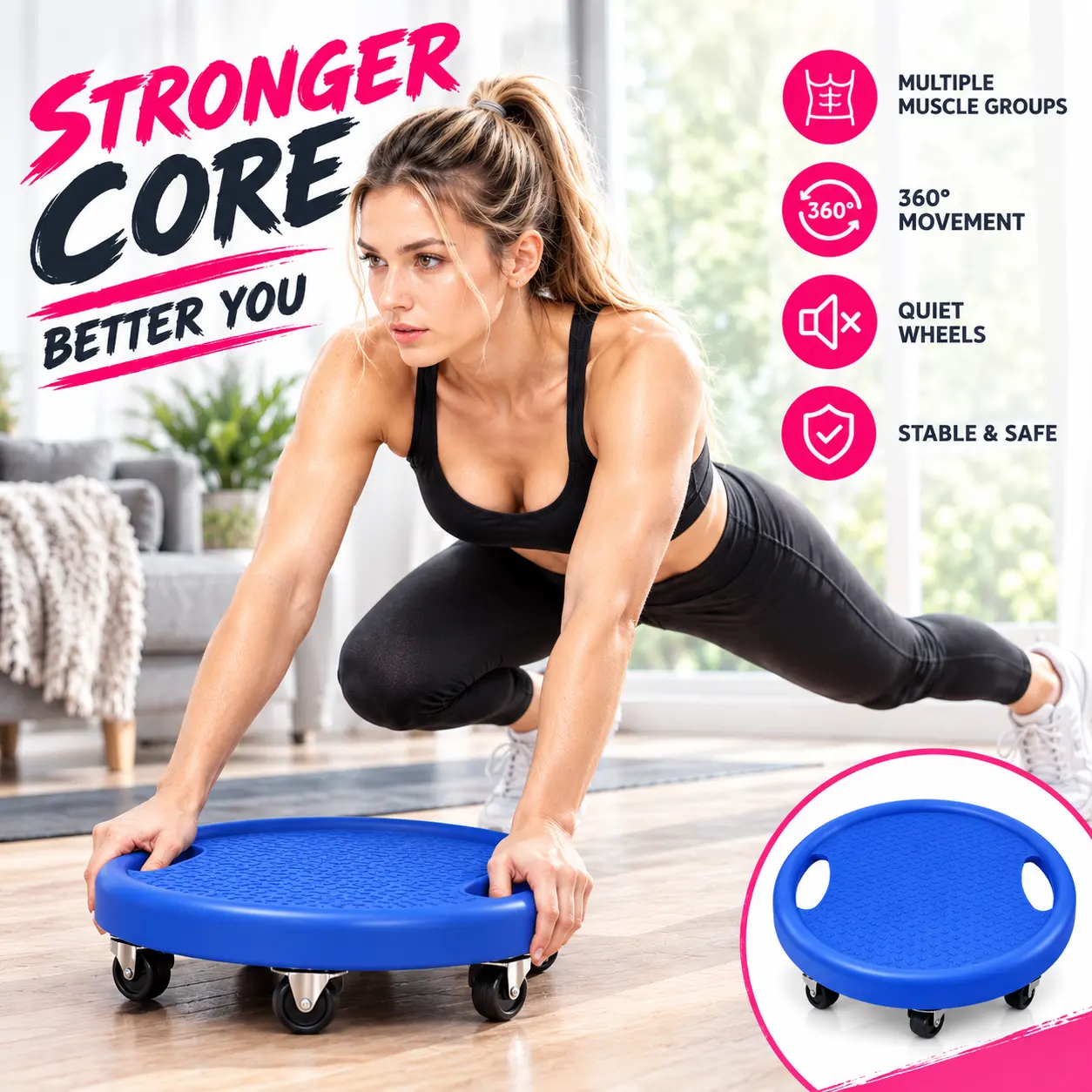 Abdominal Roller Wheel - 6 Silent 360° Swivel Built-in Bearings, Anti-Slip Fitness Board, Portable Home Workout Equipment for Abs, Glutes Strength, Beginner At Home Gym Equipment