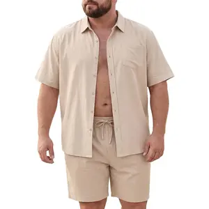 Big and Tall 2 Piece Linen Sets Outfits Mens Short Sleeve Button Shirt and Beach Shorts Linen Suit