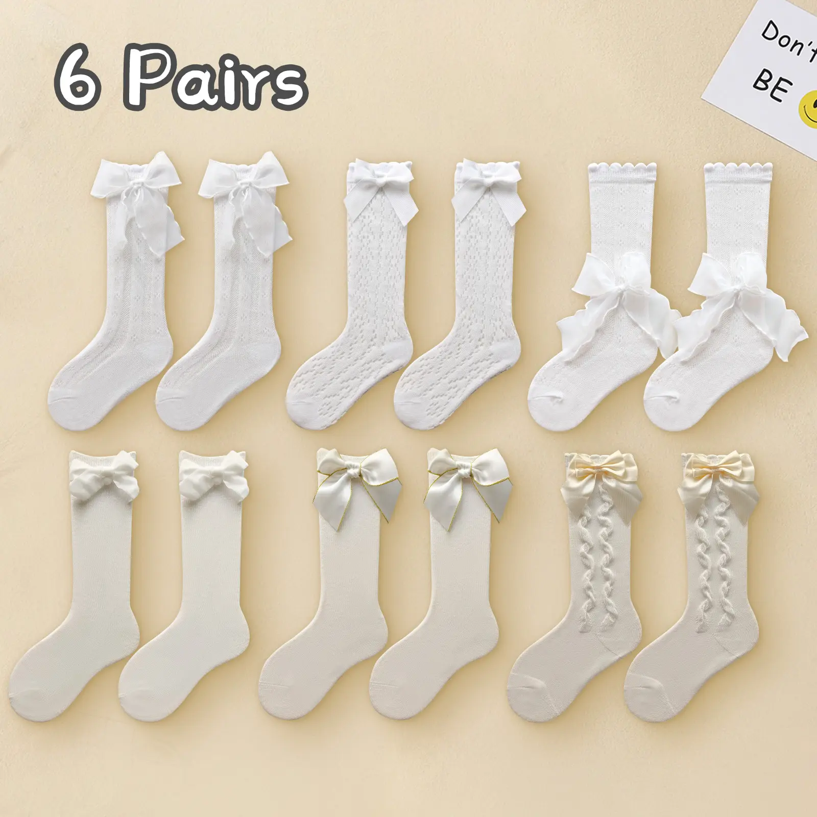 6 Pairs Elegant Lace Knee High Socks  with Pleated Lace & Bow, Breathable Thin Calf Socks, Soft Comfortable for All Seasons, Performances,for 2-5year