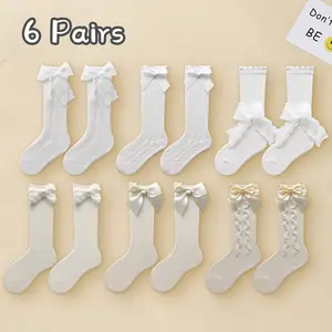 6 Pairs Elegant Lace Knee High Socks  with Pleated Lace & Bow, Breathable Thin Calf Socks, Soft Comfortable for All Seasons, Performances,for 2-5year
