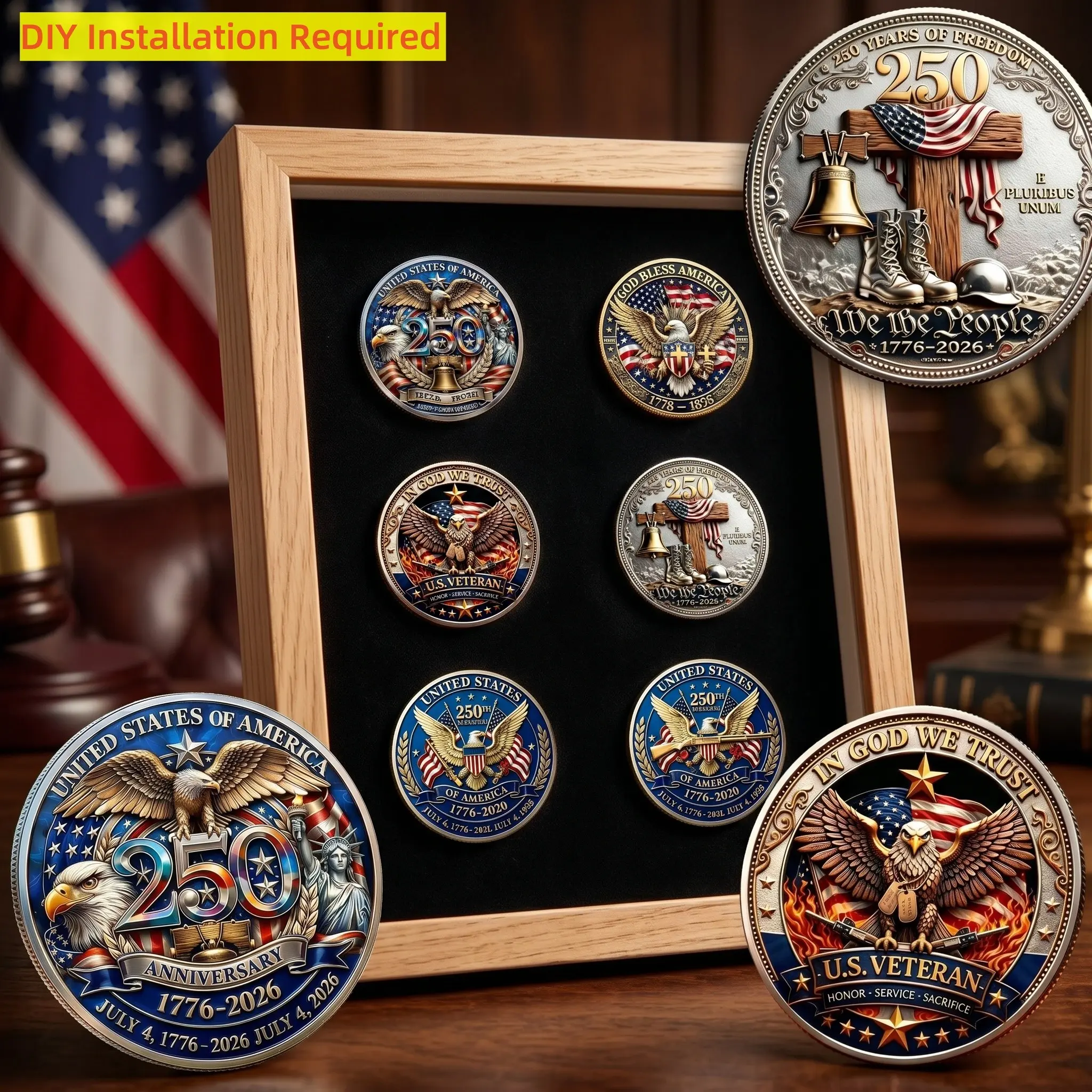 1776-2026 USA 250th Anniversary Commemorative 6-Coin Set with Display Frame, DIY Assembly