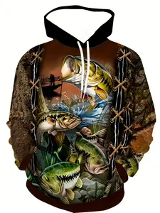 Men's Fishing Graphic Print Hoodie - Long Sleeve Pullover with Pocket Pocket, Realistic Catch Print Design, Brown/Black/Grey/Blue/Orange/Red/White - Lightweight Hoodie for Outdoor Activities, Camping, Casual Wear - Spring/Fall Casual Jacket, Fishing Shirt
