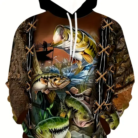 Men's Fishing Graphic Print Hoodie - Long Sleeve Pullover with Pocket, Realistic Catch Print Design, Brown/Black/Grey/Blue/Orange - Lightweight Hoodie with Pockets for Outdoor Activities, Camping, Casual Wear - Spring/Fall Casual Jacket
