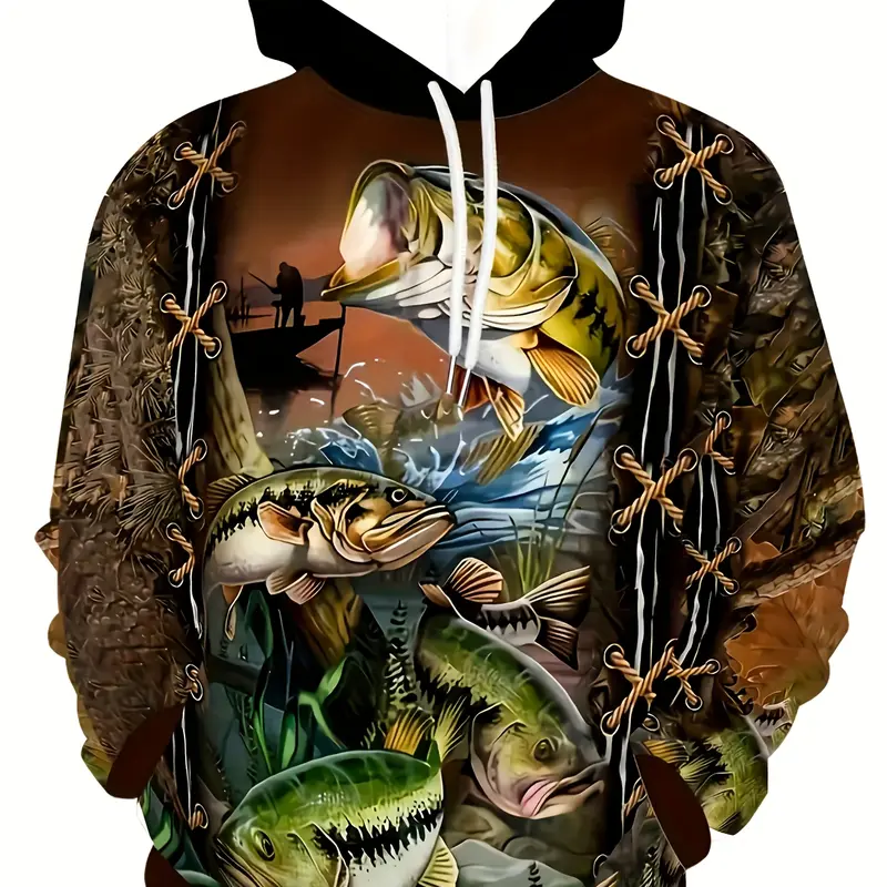 Men's Fishing Graphic Print Hoodie - Long Sleeve Pullover with Pocket, Realistic Catch Print Design, Brown/Black/Grey/Blue/Orange - Lightweight Hoodie with Pockets for Outdoor Activities, Camping, Casual Wear - Spring/Fall Casual Jacket