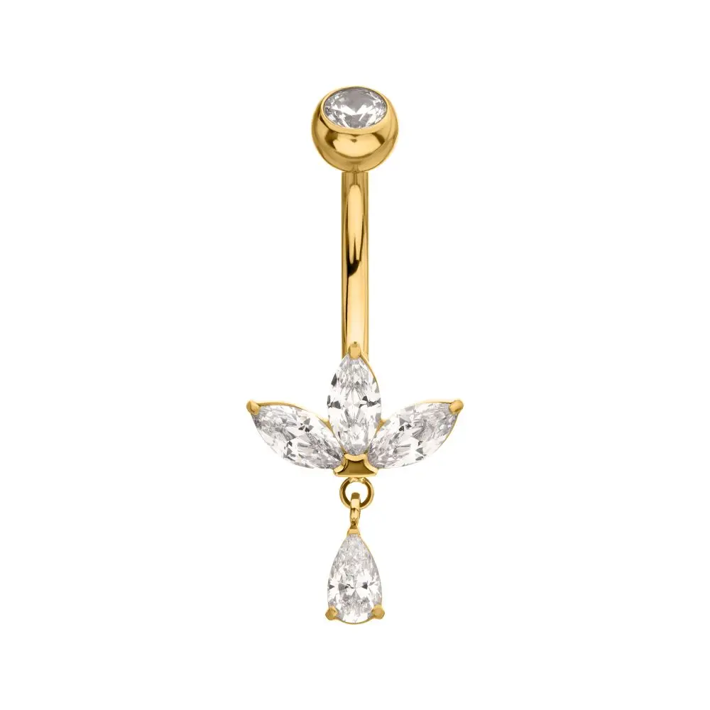 Female 14g 1.6mm Gold Titanium Internally Threaded Fan Shape Belly Piercing, Triple Marquise Floating Teardrop Dangle Belly Ring for Daily Wear, 10 Mm, Cute Look, Implant-Grade Ti, Everyday