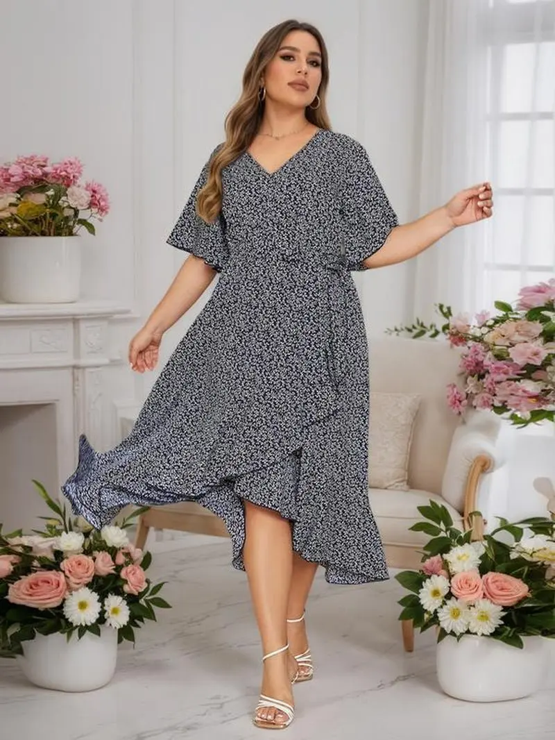 Plus Size Floral Print Ruffle Hem Belted Wrap a Line Dress, Boho Butterfly  Sleeve V Neck High Low Midi Dress, Women Clothing for Spring & Fall -  TikTok Shop