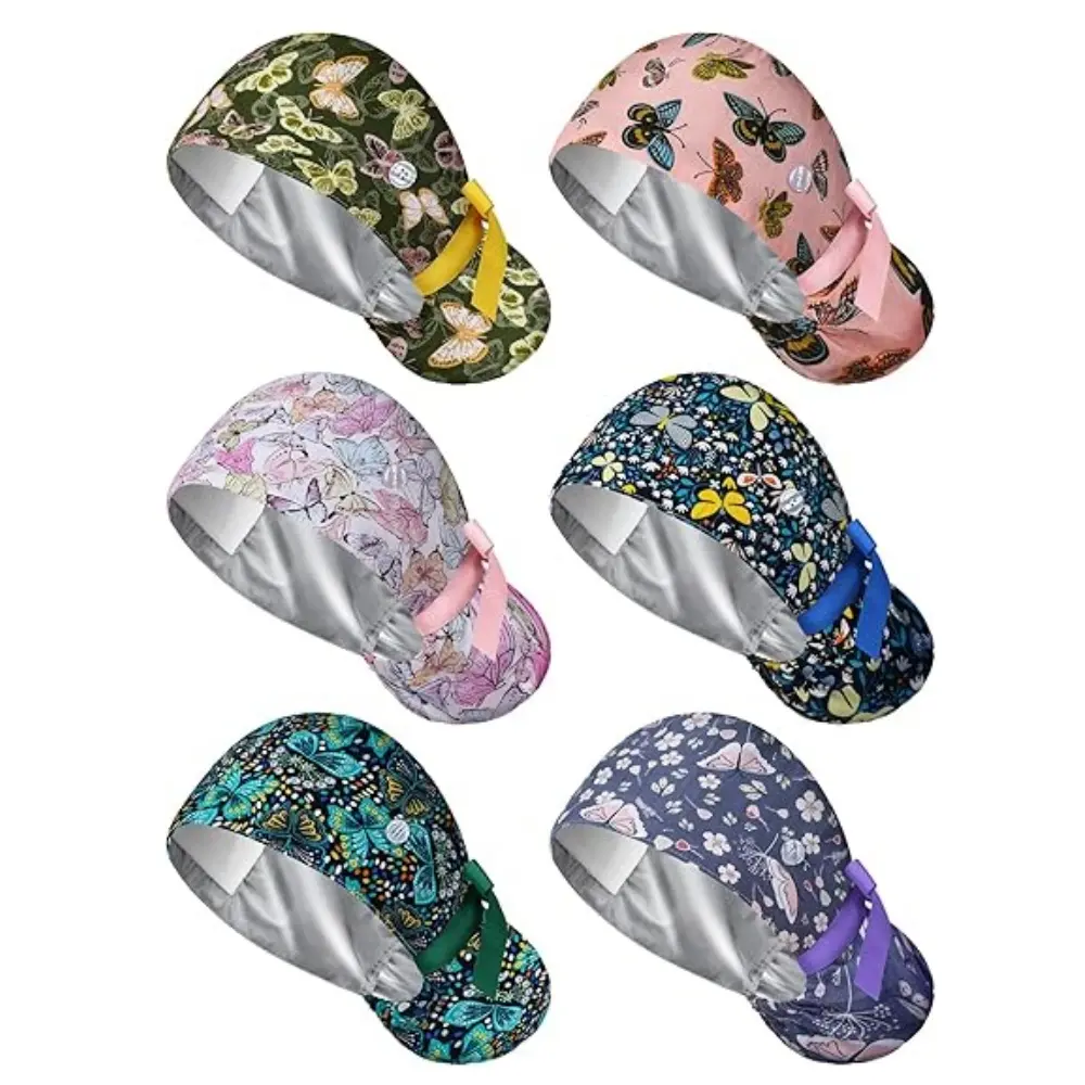 Pack of 6 Satin Lined Scrub Caps Women Nurse Surgical Hat with Buttons Ponytail Working Adjustable Shower Caps Tie Back
