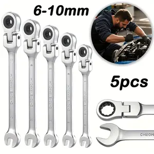5PCS Flex Head Ratchet Combination Wrench Set - CR-V Chrome Vanadium Steel, 180° Swivel 72-Tooth Metric 6-10mm Spanners, Roll Pouch for Motorcycle Auto Repair, Gift for Mechanics