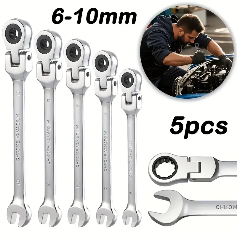 5PCS Flex Head Ratchet Combination Wrench Set - CR-V Chrome Vanadium Steel, 180° Swivel 72-Tooth Metric 6-10mm Spanners, Roll Pouch for Motorcycle Auto Repair, Gift for Mechanics