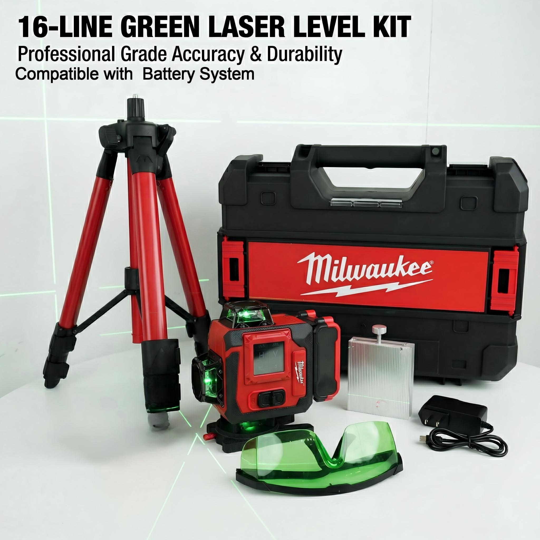 Milwaukee 16 Line Laser Level Kit With Battery Charger For Construction Surveying Precision  green beam horizontal durable tool