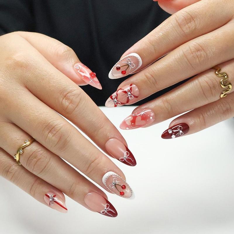 Press On Nails Cherry Charm with Silver Bows, 3D Pearl & Heart Nail Art in Medium Almond, Handmade Elegant Nail Art for Holiday, Birthday