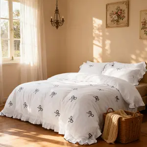 Princess Bow Print Ruffle Bedding Set, Pink White Options, 3 Piece Set, 1 Duvet Cover 2 Pillowcases, Perfect Gift for Christmas New Year Valentine's Day