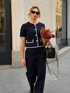 Top Women Contrast Trim Navy Blue Short Sleeve Blazer Contrast White Piping Elegant Button Closure Dual Front Pockets Spring Summer Fashion Fitted Slim Fit Office Casual Daily Wear