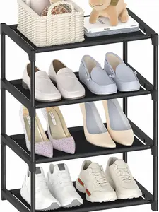 4 Tier Small Shoe Rack, Narrow Stackable Kids Toddler Adult Shoe Storage Organizer Shelf for Closet Floor  Bedroom, Space Saver Shoe Rack Shelves