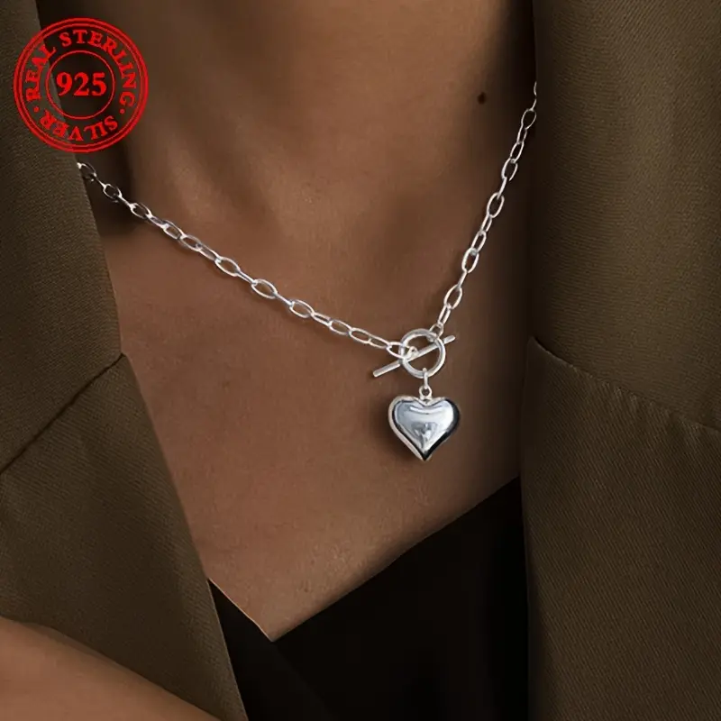 Vintage 925 Sterling Silver Heart Necklace for Women with OT Toggle Clasp, Elegant Retro Style Jewelry for Daily Wear, Female, Adults, All Seasons, Ot Buckle