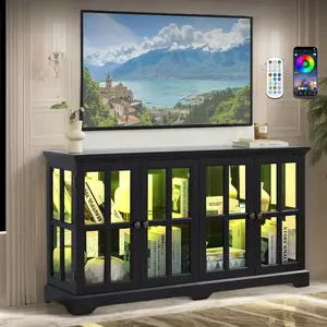 59" W LED Curio Cabinet with 7 Color Lights, Vintage Glass Display Case with Glass Doors, Smartphone-Controlled, Short Wooden China Cabinet with Adjustable Shelves for Living Room, Entryway