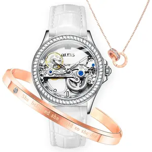 Brand OLEVS Womens Watch Automatic Mechanical Diamond Skeleton Silver Luxury Dress Waterproof Luminous Watches for Women Gift Box Set